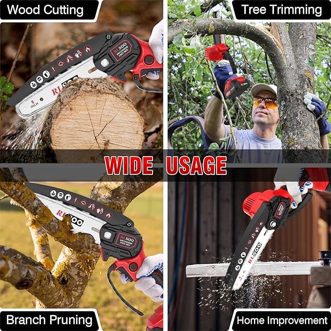 Mini Chainsaw Cordless, Upgraded 6 Inch Handheld Chain Saw Battery Powered with 2 Batteries and 3 Chains, Portable Small Electric Tree Trimmer for Wood Cutting, Courtyard and Household