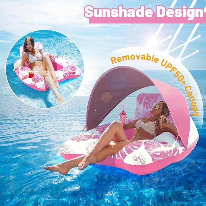 【Upgraded】 Pool Floats Adult with Canopy, XL Inflatable Pool Floaties for Adults Heavy Duty, Pool Chair and Lounge for Swimming in Pool Beach Lake, Float for Pool Floating with Cup Holder, Backrest