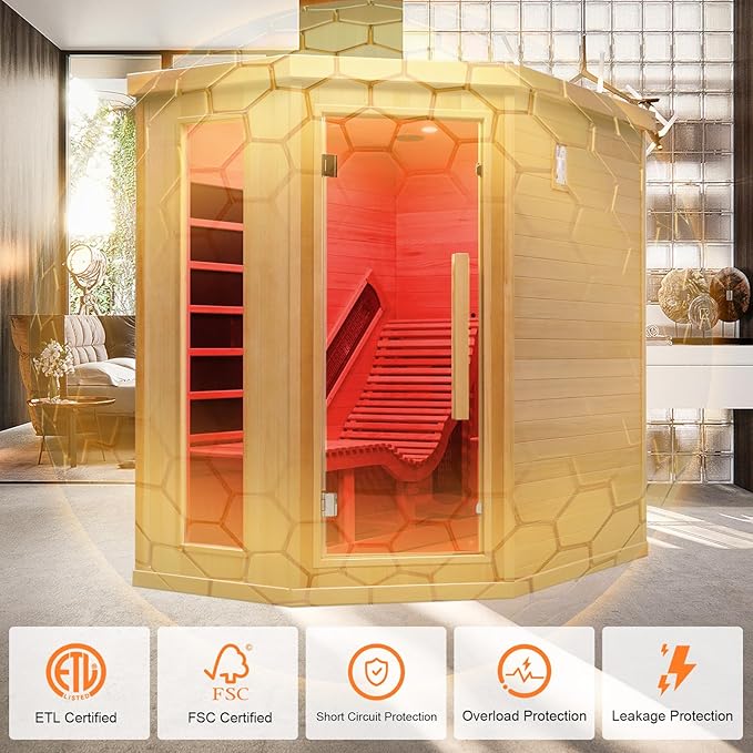 Infrared Sauna Room with Recliner, One Person Infrared Sauna Home, 220V，2300W, 4 Heating Tubes, 4 Carbon Crystal Heating Panel, Bluetooth Speakers, 7 Color Light, Oxygen Bar