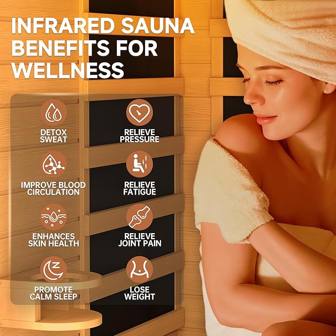 springspa Far Infrared Sauna for Home, Home Indoor Infrared Sauna for 2-Person, Canadian Hemlock Wood Sauna Room with Low Emf Red Light Therapy, 9 Chromotherapy Lights, Bluetooth Speakers