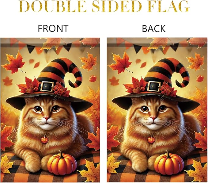 Halloween Fall Garden Flag Orange Cat with Pumpkin Hat Flag 12x18 Inch Double-Sided Autumn Witch Hat Plaid Blanket Yard Banner for Porch Lawn Outdoor Decor Thanksgiving Cat Lovers