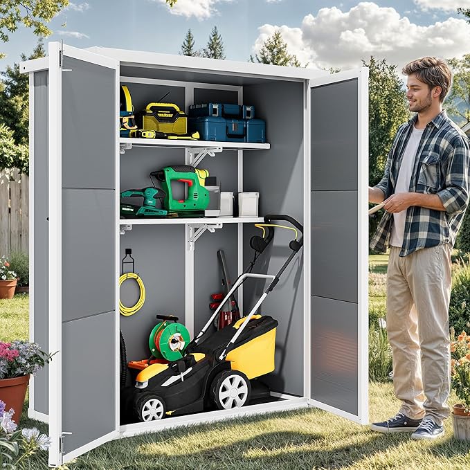 DWVO 49 Cuft Outdoor Tall Storage Shed with 2 Shelves, Weatherproof Vertical Tool Shed with Floor & Lockable Doors, Sturdy Double-Wall Plastic Cabinet for Garbage Cans and Garden Equipment (Gray)