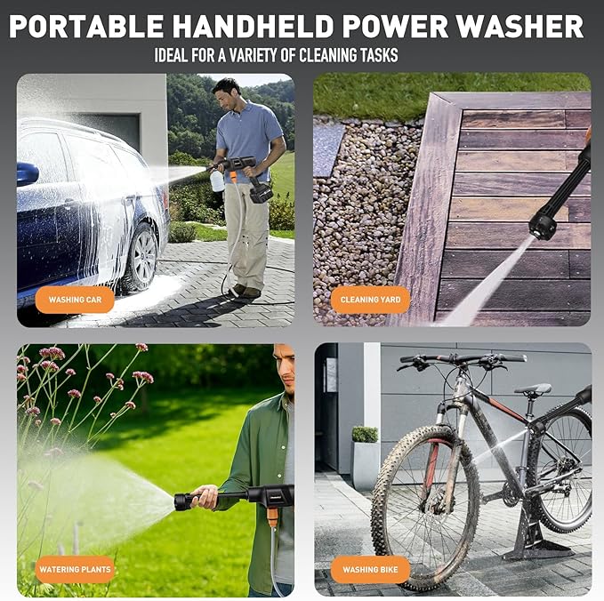 Cordless Power Washer, 900 PSI Cordless Pressure Washer, Portable Power Washer with 3.0Ah Battery&Charger & 6-in-1 Nozzle, 17FT Drain Hose, Portable Pressure Washer for Car WashHomeYard