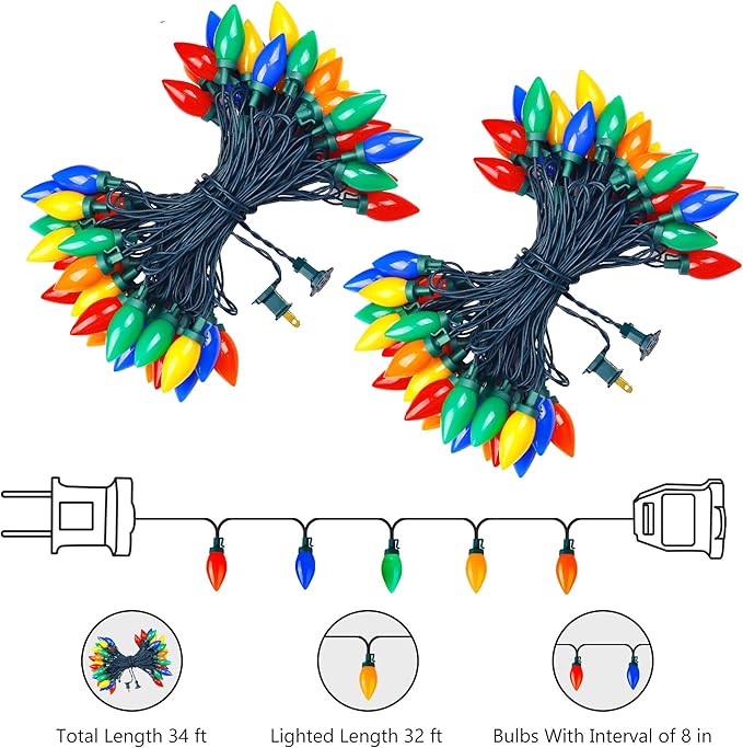 HAYATA C9 Big Bulbs Classic Christmas Lights 100 LED 64ft Strawberry String Light - Fairy Lighting for Outdoor, Indoor (Multi Color - 100LED)