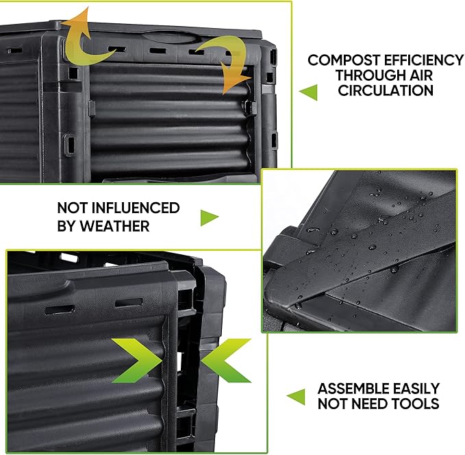 JupiterForce Garden Compost Bin 80 Gallon (300 L) from BPA Free Material, Large Composting Bin Outdoor Composter, Easy Assembling, Fast Creation of Fertile Soil, Lightweight, Black