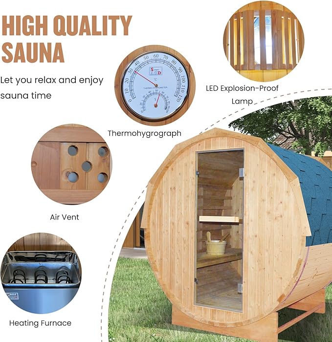 Outdoor Barrel Sauna 4 Person Traditional Steam Sauna 220V Wood Personal Spa Room with 4.5KW Heater Thermometer Hourglass Cup Holders 59''x74.21"x75.85"