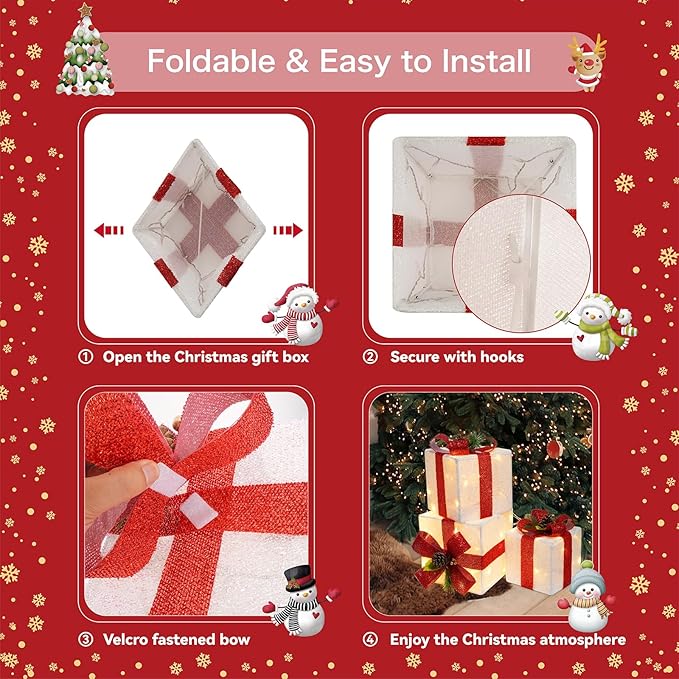 Set of 3 Christmas Lighted Gift Boxes, 60 LED Light Up Present Boxes for Christmas Decorations Indoor Outdoor Yard Xmas Tree Holiday Party Lawn Porch Home(Max. 8.5")