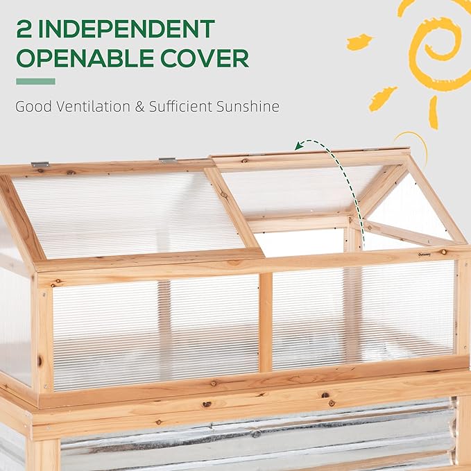 Outsunny Raised Garden Bed with Polycarbonate Greenhouse, Wooden Garden Cold Frame Greenhouse, Flower Planter Protection, 48" x 24" x 32", Natural