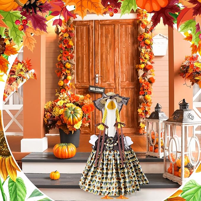 Fall Thanksgiving Goose Outfit Sunflower Porch Goose Costume with Hat Necklace for 23 Autumn Patio Yard Lawn Decor(Plaid Sunflower)