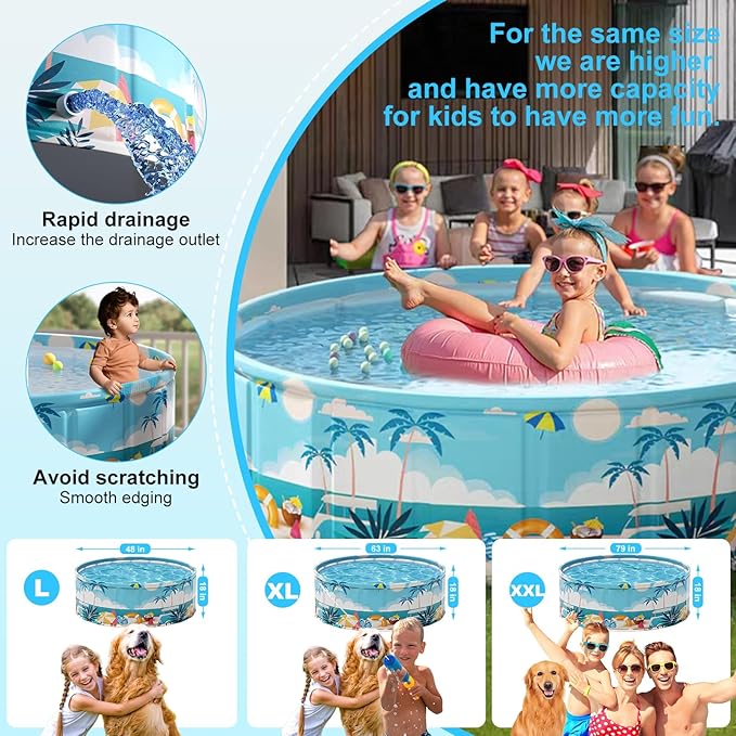 Foldable Swimming Pool for Kids 79"x18" Hard Plastic Portable Dog Pool Anti-Slip Collapsible Pets Bathtub Kiddie Pool Indoor Outdoor Backyard (Beach Party 79'')