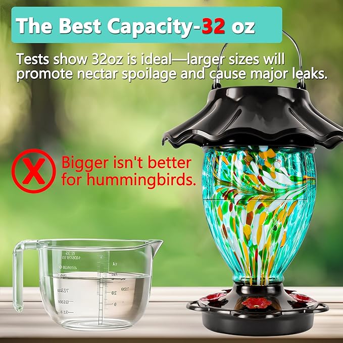 LUJII Solar Powered Color Changing Hummingbird Feeder for Outdoors Hanging, Hand Blown Glass Reservoir, 32 fl.oz, Never Leak, Illuminated Lantern for Garden Decor, for Bird Lover (Teal)