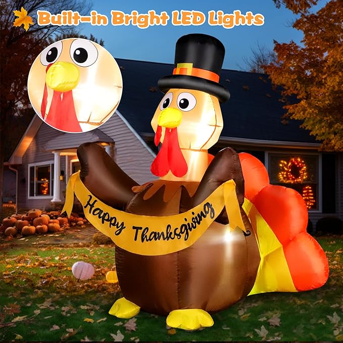 FunFanso Thanksgiving Inflatables Turkey Outdoor Decorations with Built-in LED Lights, 4.5FT Tall Blow Up Turkey with Pilgrim Hat and Colorful Tail for Lawn Yard Garden Party House Holiday Decor