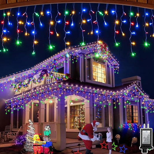 66ft LED Christmas Lights Outdoor with 140 Drops, Christmas Decorations Hanging Lights 490 LED 8 Lighting Modes, Outsite Fairy String Lights for House Xmas Wedding Party Holiday Decoration Multicolor