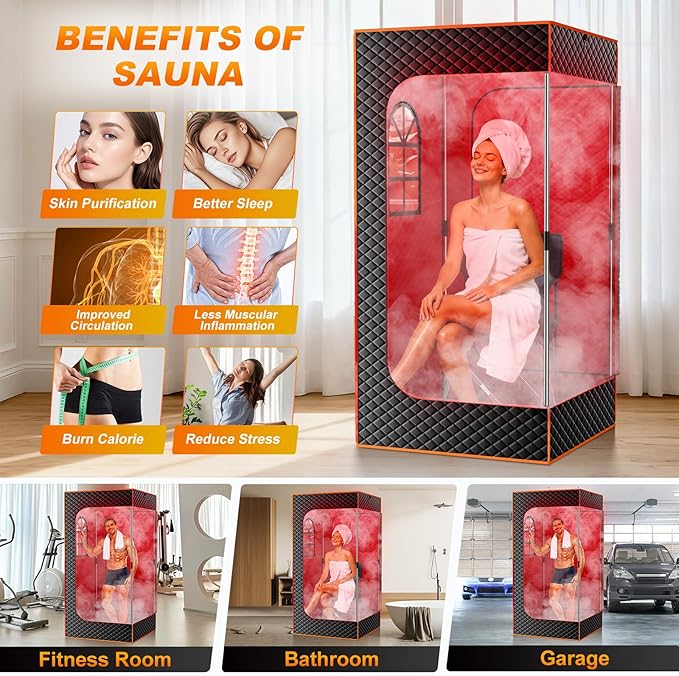 NAIZEA Infrared Sauna Box, Portable Steam Sauna with Red Light Therapy Lamp, Full Body Saunas Tent for Home with 3L 1200W Steamer, Remote Control, Folding Chair, 2.9'x2.9'x5.9'