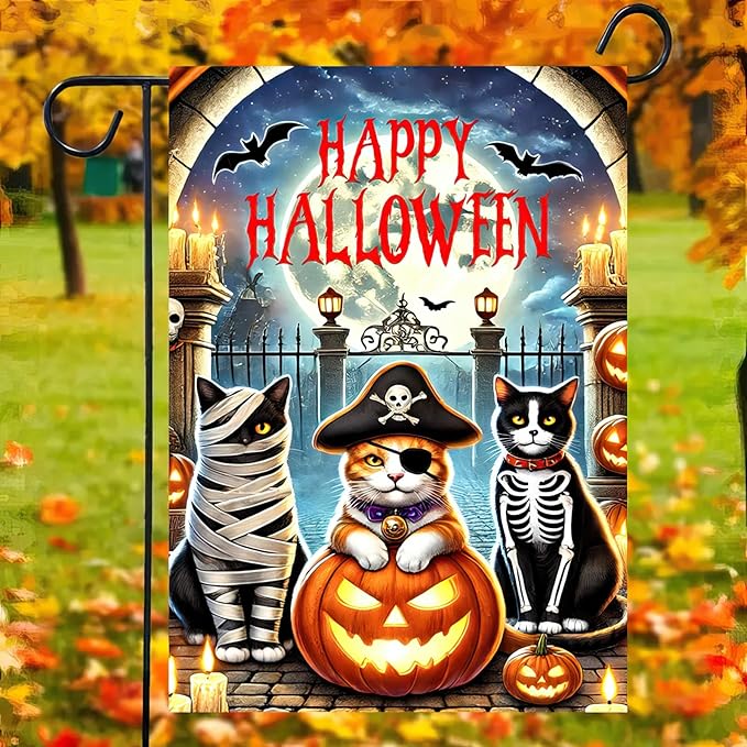 Happy Halloween Garden Flag Double Sided 12x18 Flag Halloween Garden Flag Cat Pumpkin Flag Bat Funny Cat And Jack Lantern Home Outdoor Lawn Porch Yard Decor Banner