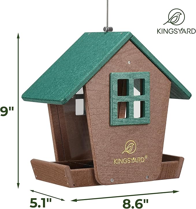 Kingsyard Bird Feeder House for Outdoors Hanging, Recycled Plastic Large Bird Feeder with Weatherproof Roof & Seed Tray for Finch Cardinal Chickadee, Large Capacity 4 lbs, Garden Yard Outside Decor