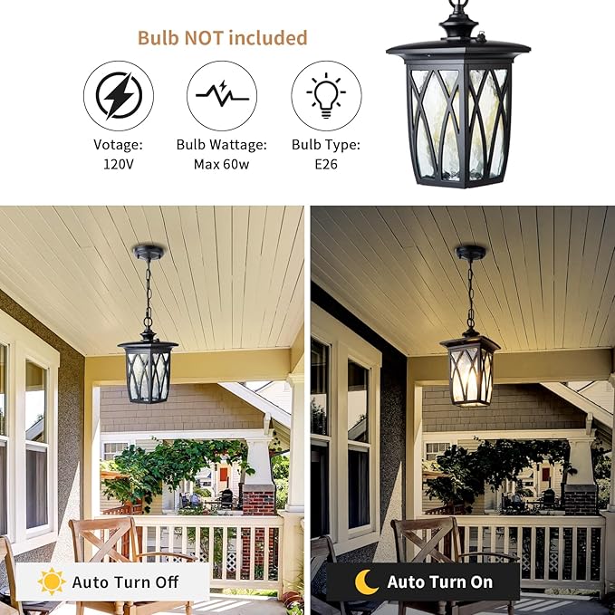 JYZ Dusk to Dawn Outdoor Pendant Lantern, 15 Inch Craftsman Style Large Exterior Hanging Light with Water Ripple Glass, Traditional Outdoor Chandelier for Front Porch Gazebo Patio Garden