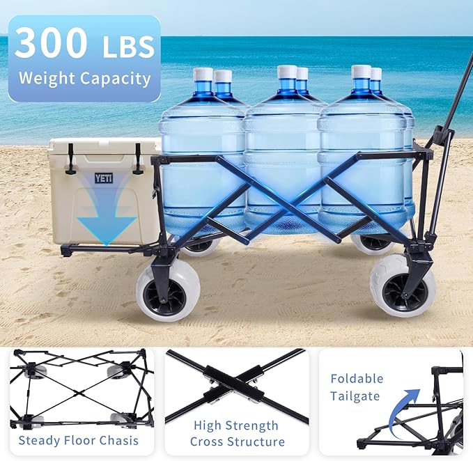 51" L Beach Wagon with 9" Sand Wheels,260L Collapsible Beach Cart with Rear Tailgate,Heavy Duty Wagon for Sand, Camping, Fishing and Sport,Blue