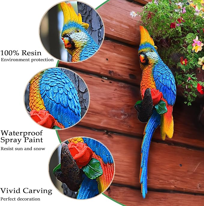 Teaeeno Resin Wall Bird Statue Decor,Real Parrot Sculpture Home Decor,Outdoor Indoor Figurine Ornaments-Garden Tree Sculpture,Resin Animal Statue for Garden, Terrace, Lawn, Yard