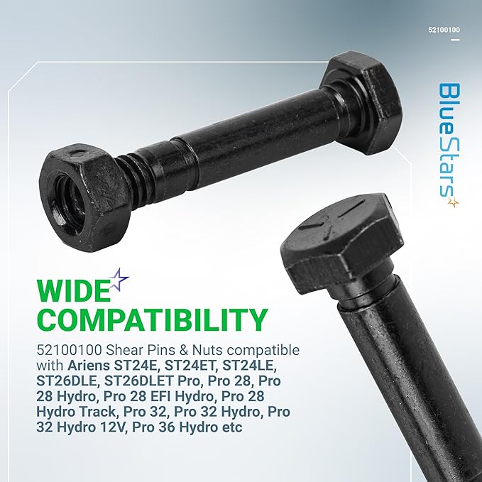 BlueStars 52100100 Snow Blower Shear Pins and Nuts - Fits Ariens 52100100 521001 00659100 John Deere AM136890 Rotary 5575 Snowthrower - Pack of 10