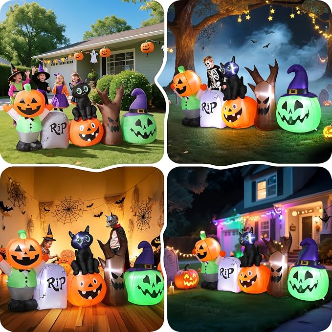 Halloween Inflatables Outdoor Decoration, 8.5ft Pumpkin/Tombstone/Black Cat/Ghost Tree, Cute Blow Up Yard Decor, for Outside Garage Door Graveyard Yard Porch Lawn (8.5ft Pumpkin+Black Cat)