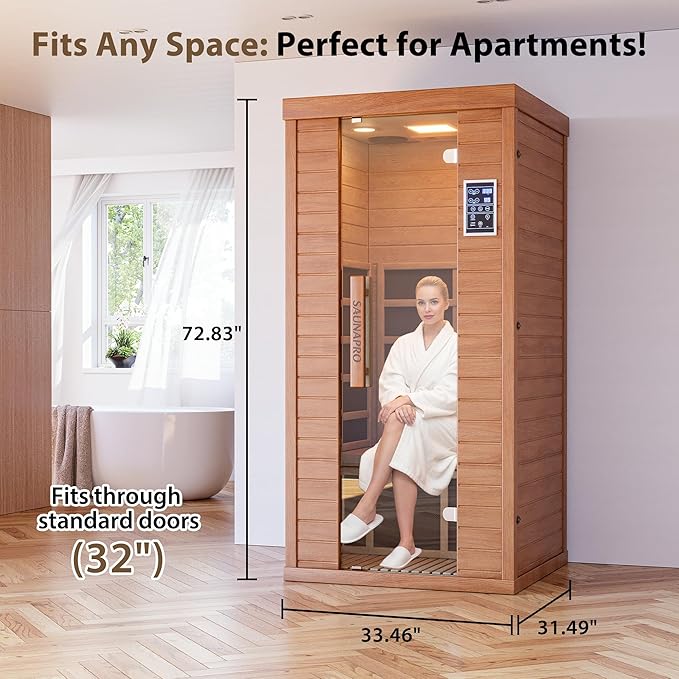 Polar Aurora 1- Person Infrared Sauna, Remotely Controllable Indoor Sauna, Low EMF 1200W/120V LCD Heater, WiFi & BT Control, 9-Color Light Therapy, Safe Flame-Retardant Material, Wood