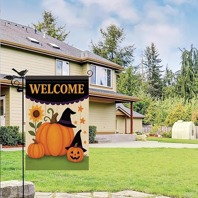 Halloween Fall Garden Flag Pumpkin Witch Hat Flag 12x18 Inch Double-Sided Welcome Yard Banner Autumn Outdoor Decor for Porch Lawn Pathway Jack O Lantern Sunflower Holiday Sign