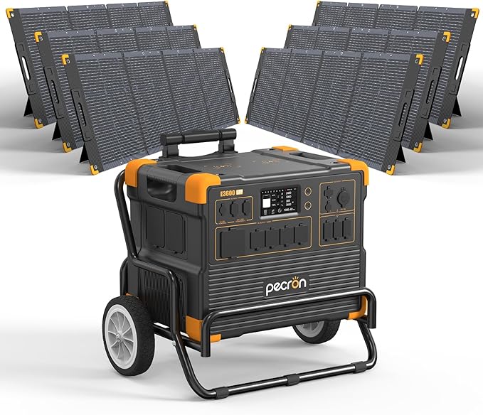 pecron E3600LFP Solar Generator 3072Wh with 6x300W Solar Panels Trolley Kit, 5x3600W AC Outlets Portable Power Station, LiFePO4 Battery Backup Expanded to 15.36KWh, Power Station for Home Use, Camping