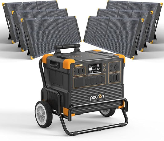 pecron E3600LFP Solar Generator 3072Wh with 6x300W Solar Panels Trolley Kit, 5x3600W AC Outlets Portable Power Station, LiFePO4 Battery Backup Expanded to 15.36KWh, Power Station for Home Use, Camping