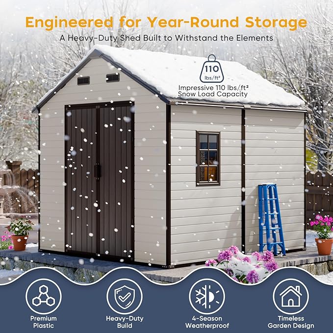 Plastic Shed 8x8 Outdoor Storage Resin Sheds, 2 Lockable Awning Windows, Reinforced Steel Frame, Heavy-Duty Resin Garden Shed for Backyard, Patio, Tool & Bike Storage