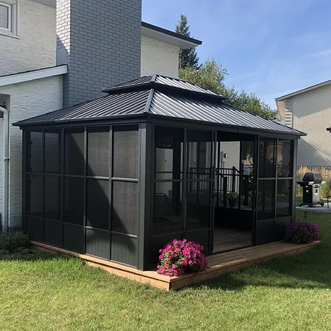 PURPLE LEAF 12' X 14' Sunroom Hardtop Gazebo Solarium with Light Galvanized Steel Double Roof All-Weather Aluminum Outdoor Screen House for Patio Deck Backyard Grey