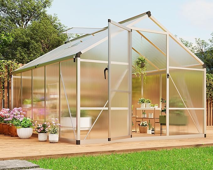 8 x 10 ft Greenhouse, Greenhouses for Outside, Polycarbonate Greenhouse with Aluminum Frame, Lockable Door and Ajustable Roof Vent for Backyard, Green Houses for Outside Garden Backyard, Patio