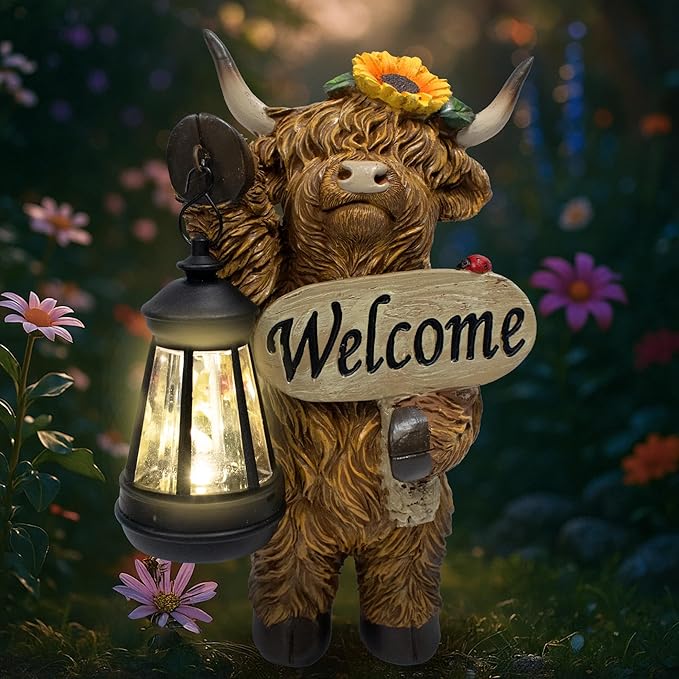 Solar Highland Cow Outdoor Statue with Latern for Garden, Outside Yard Lawn Decor Highland Cow Figurine Porch Patio Balcony Home, Birthday Gifts for Mom Women