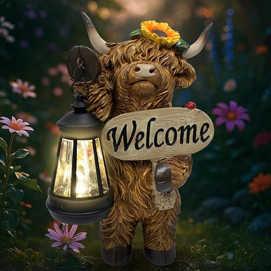 Solar Highland Cow Outdoor Statue with Latern for Garden, Outside Yard Lawn Decor Highland Cow Figurine Porch Patio Balcony Home, Birthday Gifts for Mom Women