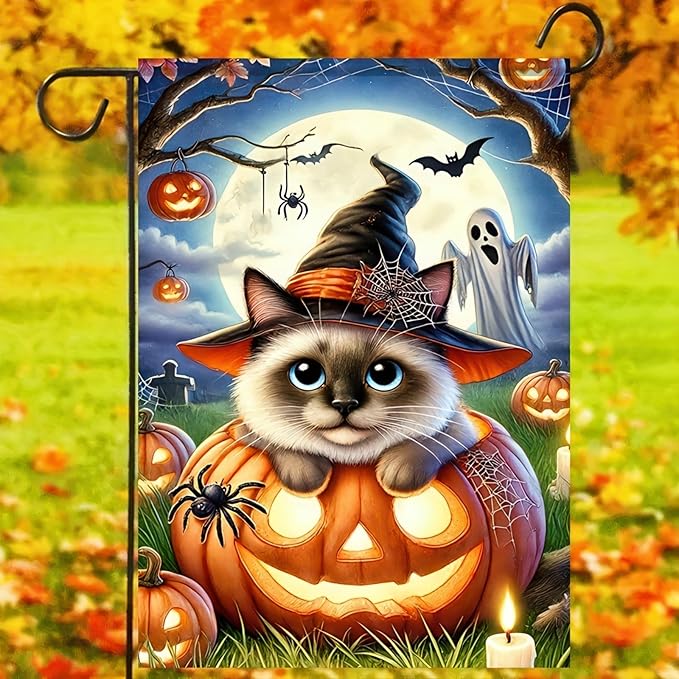 Halloween Garden Flag - Pumpkins & Siamese Cat - 12x18 Double Sided Vertical Flag - Fall & Outdoor Farmhouse Flag - Yard & Lawn Patio Banner
