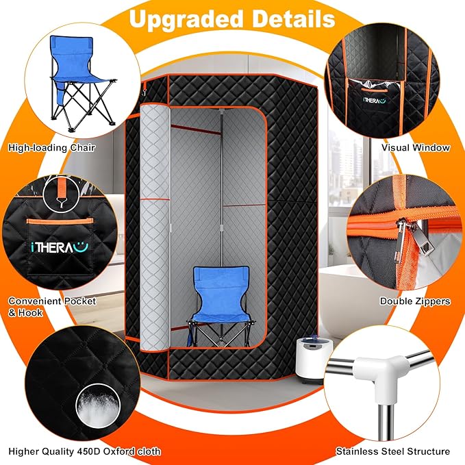 iTHERAU XL Sauna Box, Portable Sauna for Home, Steam Sauna Tent Full Body Personal Sauna Room with 3L 1200w Steamer, Upgrade Materials, Remote Control, 9 Levels Heat, 90 Mins Timer, Chair