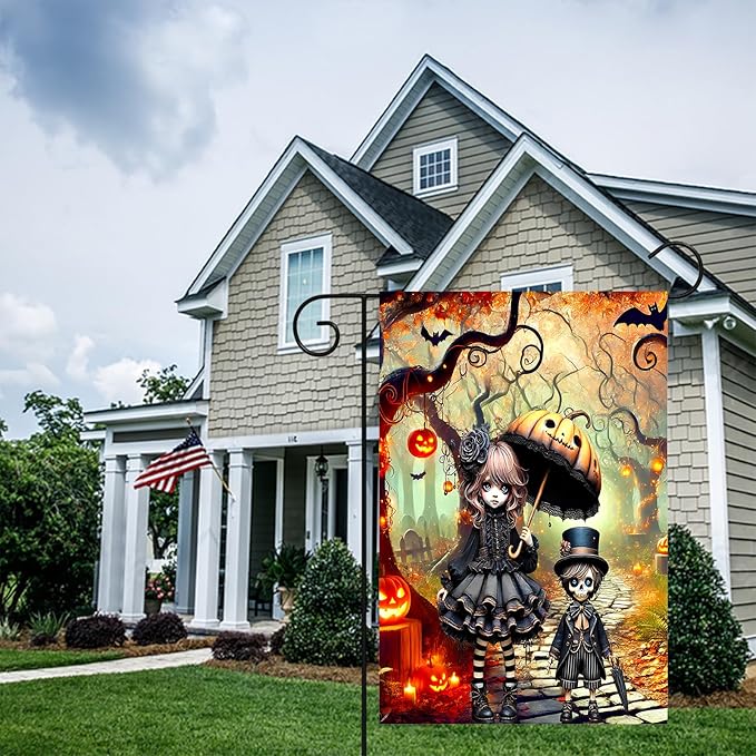 Halloween Horror Garden Flag 12x18 Inch Gothic Doll Pumpkin Umbrella Skull Boy Flag Outdoor Yard Decoration House Banner Porch Lawn Patio Home Decor