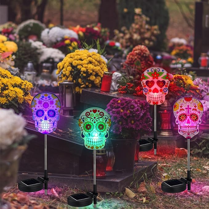 Retisee 4 Pack Day of The Dead Sugar Skull Solar Lights with Stakes Outdoors Skull Solar Yard Decorations Waterproof Lights for Halloween Outdoor Garden Lawn Patio Porch Pathway Decor Favors
