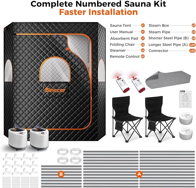 2 Person Sauna, Upgraded Large Sauna Box, Portable Steam Sauna for Home with 2 Steamer, 2 Folding Chair, Black