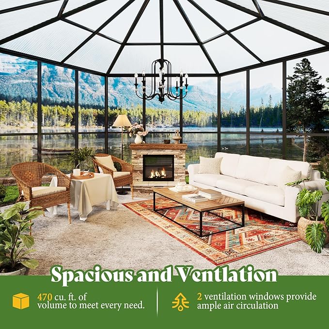 AMERLIFE 12×10×8 ft Hexagonal Outdoor Greenhouse, Aluminum Frame with Quick‑Connectors, 2 Swing Doors, 2 Vents – Walk‑in Garden Structure