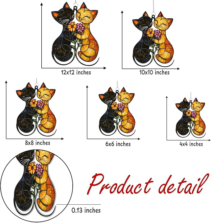 Couple Cats Flower Acrylic Suncatcher Stained Glass Effect Window Car Hanging Christmas Ornament Indoor Outdoor Decor Garden Sun Catcher Panel Gifts for Cat Lover for Women Mom Grandma