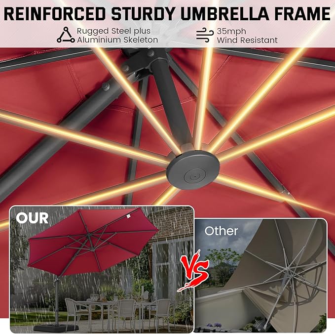 Hotime 10ft Patio Umbrella Outdoor Patio Windproof and Height adjustable, Heavy Duty Aluminum Round Offset Patio Umbrella Cantilever Pool Umbrella with 360°Rotation for Garden Deck Pool, Wine Red