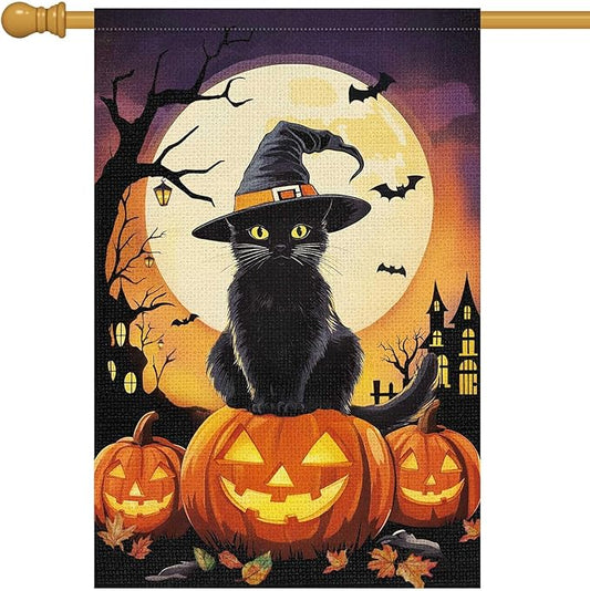 Louise Maelys Halloween Garden Flag Black Cat Witch Hat Pumpkin 28x40 Inch Double Sided Boo Moon Holiday Seasonal Fall Autumn Large Burlap Yard Sign Outside Outdoor House Decoration