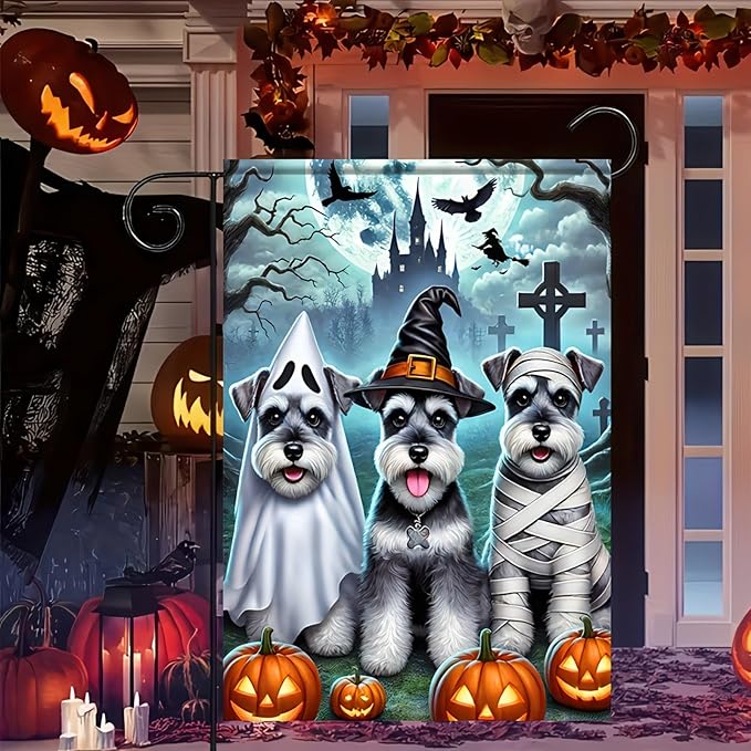 Halloween Garden Flag Double Sided 12x18 Flag Dog Fall Garden Flag Halloween Schnauzer Party Flag With Ghost Dress Up Mummy Dress Up Witch Ghost Black Castle Cross Lawn Outdoor Yard Banner
