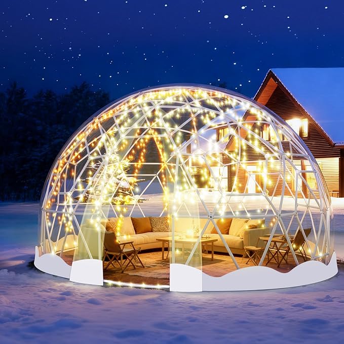 12FT Garden Dome Tent, Geodesic Dome Greenhouse with PVC Clear Cover, Waterproof Garden Bubble Dome Tent House with 2 x 10M Light Strings for Outdoor, Patio, Backyard, Party (White Edge, 10FT/3M)