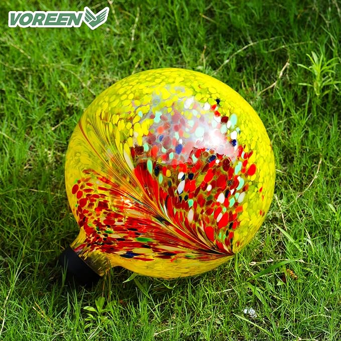 VOREEN 10-Inch Glass Gazing Ball, Outdoor Gazing Globe, Handmade Reflective Ball Yard Decoration for Homes, Patio, Lawn and Gardens, Gift for Mom Wife Friend, Phoenix Tail Design, Yellow