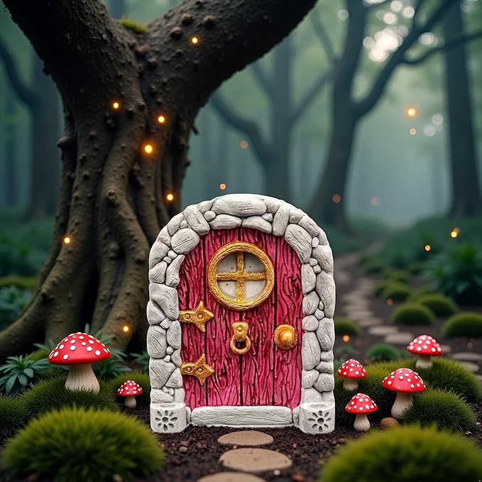 Red Mini Fairy Garden Door for Tree, 3D Miniature Fairy Door for Fairytale Tiny House Doors, Bonsai Terrarium Micro Landscape Decoration Accessories Garden Miniatures