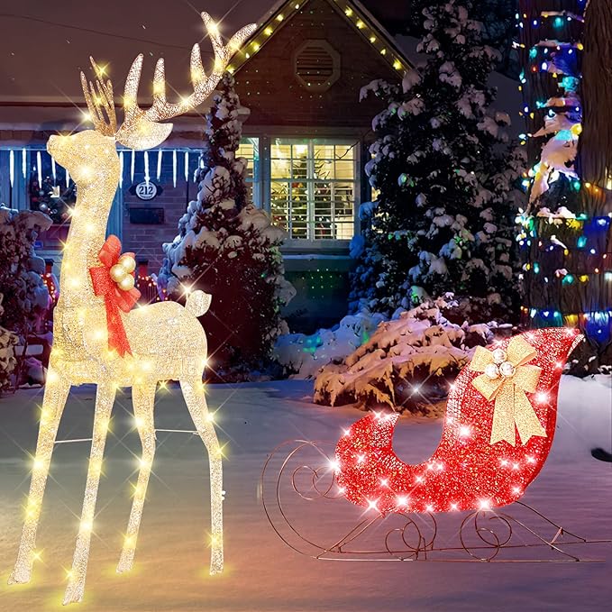 54”Christmas Deer Sleigh Set Outdoor Indoor Decoration 3D Lighted Reindeer Red Sleigh Holiday Display Christmas Tree Decorations Lighted up Santa Sleigh Porch/Lawn/Yard/Garden Addition