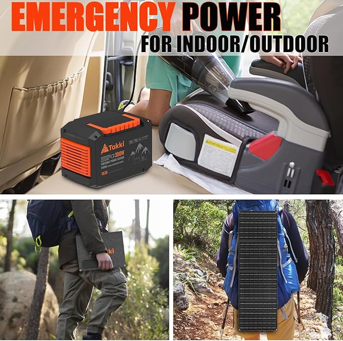 Takki 300W Portable Solar Generator 240Wh Portable Power Station with 40W Foldable Solar Panel, Power Bank with 110V AC Outlet USB DC for Emergency CPAP Outdoor Camping Home Use Blackout