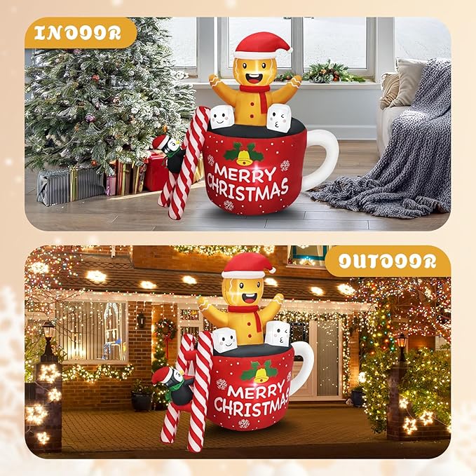 6FT Christmas Inflatables Outdoor Decorations, Navidad Blow Up Gingerbread Swiming in Hot Cocoa Mug Scene with Penguin Built in LED for Garden Lawn Xmas Decor Party